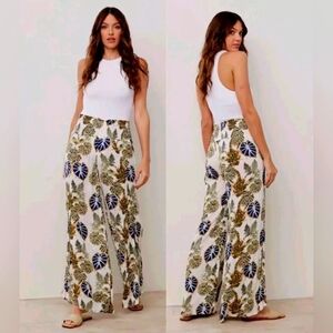 Dahui Hawaii Linen Wide Leg Pants Smock Waist White Tropical print, size XL